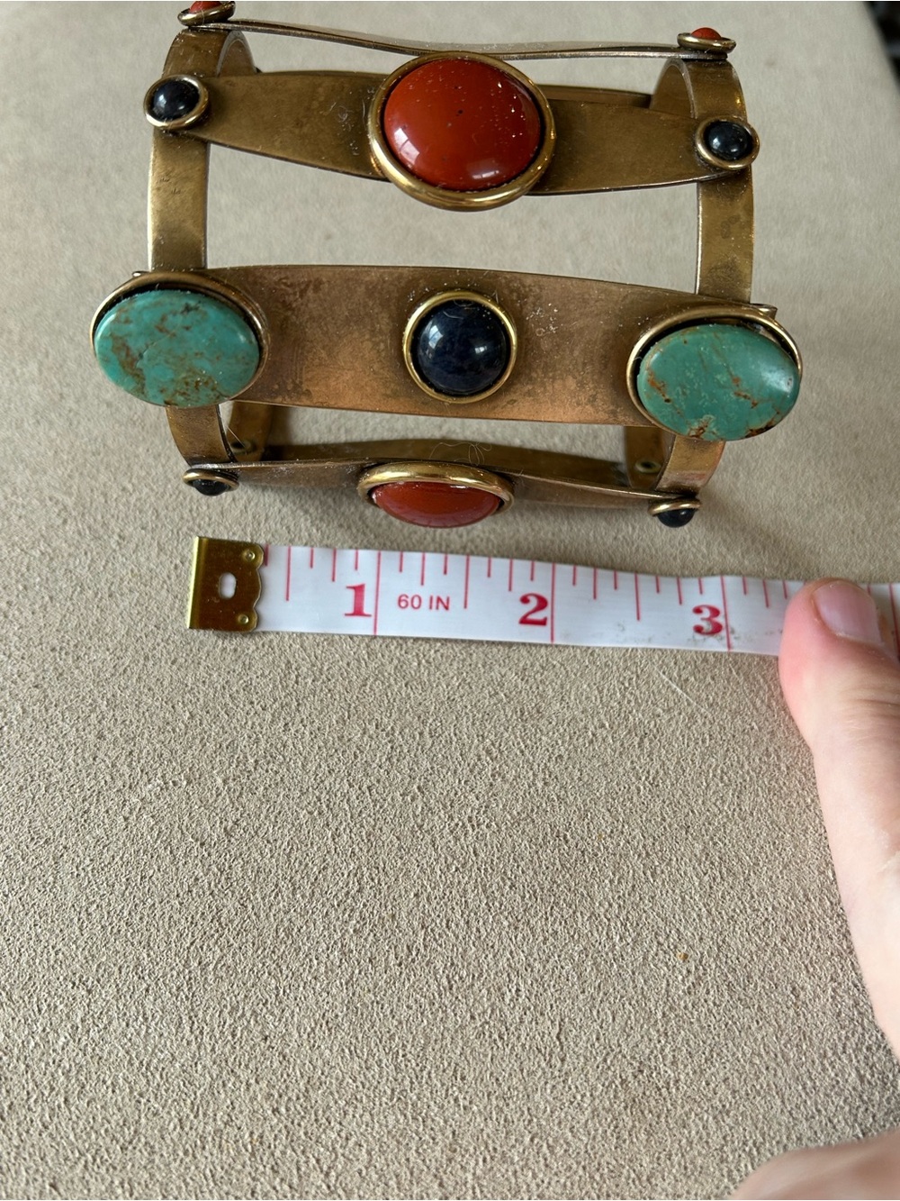 Jan Thomas 80s signed Stone Brass Cuff Bracelet in Turquoise, Coral and Lapis - Picture 5 of 11